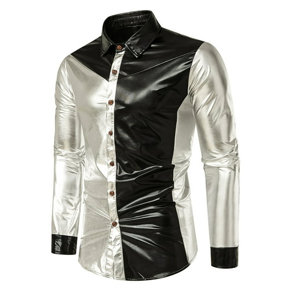 Njoeus Men's Fashion Nightclub Shiny Discoes Metal Shirt Black White Long Sleeve Buttons Down Party Shirts Prom Costume