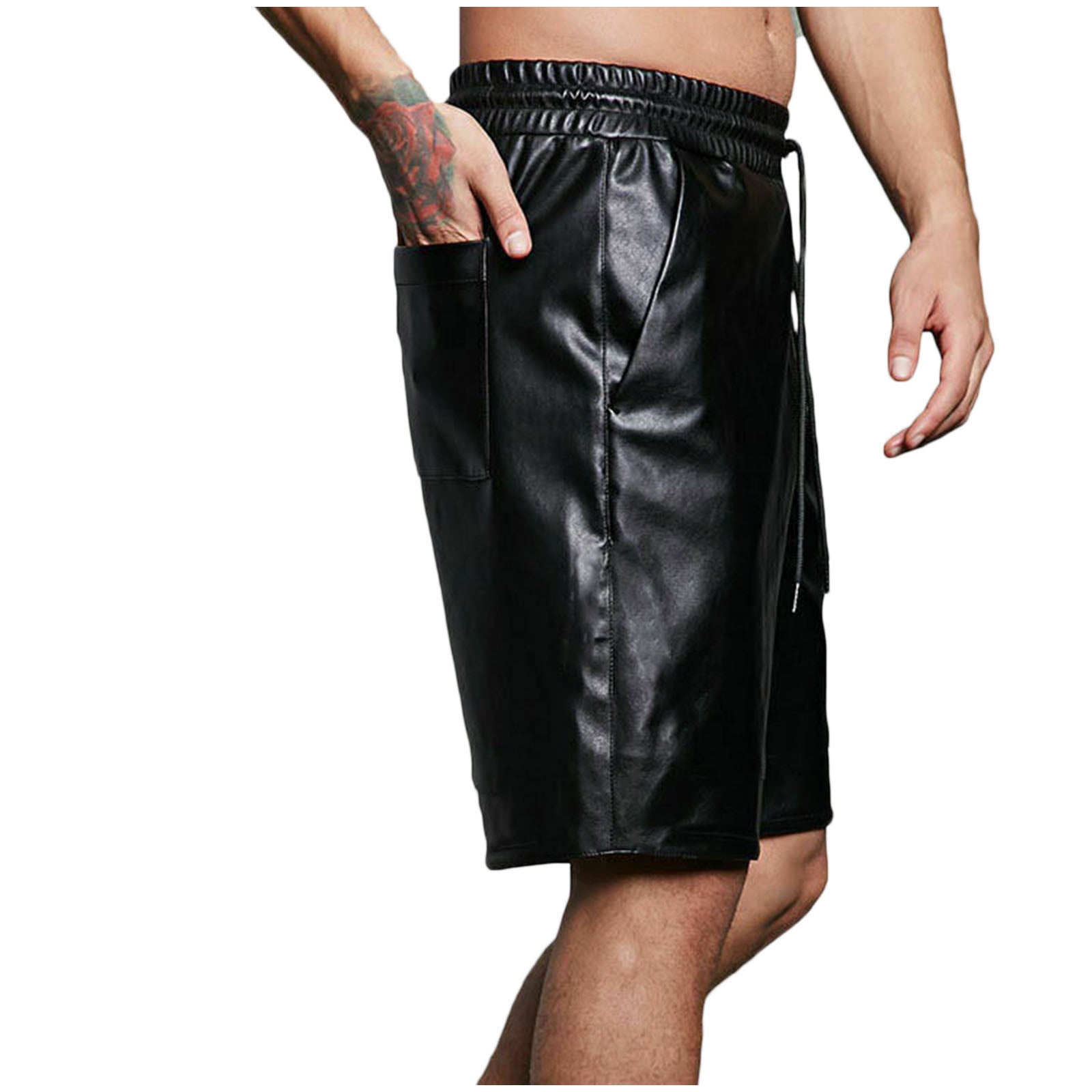 Joau Men Plus Size Black Leather Shorts, Men's Punk Retro Joau Men Plus Size Black Leather Shorts, Men's Punk Retro