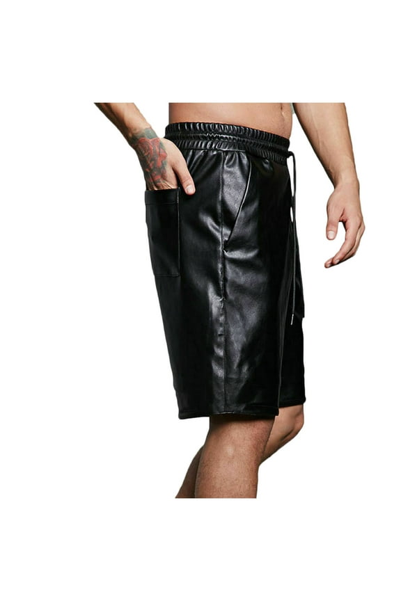 Men's Faux Leather Shorts, Mens Fashion Elastic Waist Casual Shorts Loose Straight Fit Workout Short for Men Knee Length M-4XL