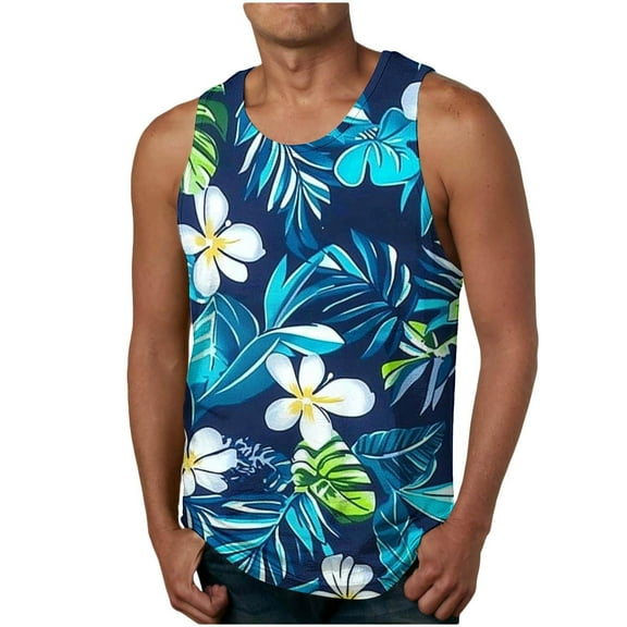 Aueoeo Men's Floral Tank Tops Novelty Tropical Printed Beach Shirts Mens Casual Sports Gym Workout Sleeveless Tees Summer Hawaiian Vacation Outfits for Men S-3X Sky Blue