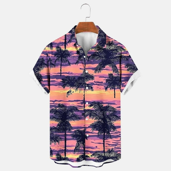 Njoeus Men's Hawaiian Shirt Short Sleeves Palm Printed Button Up T-Shirt Loose Fit Summer Beach Shirts Mens Big & Tall Shirts 2X 3X 4X Clearance Purple