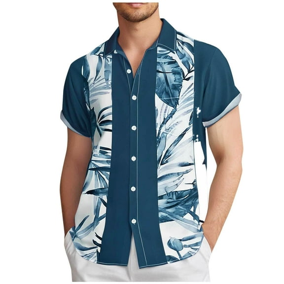 Aueoeo Men's Hawaiian Shirts Vintage Printed Short Sleeve Button Up Shirt Casual Summer Holiday Tropical Beach T-Shirt S-3X Blue