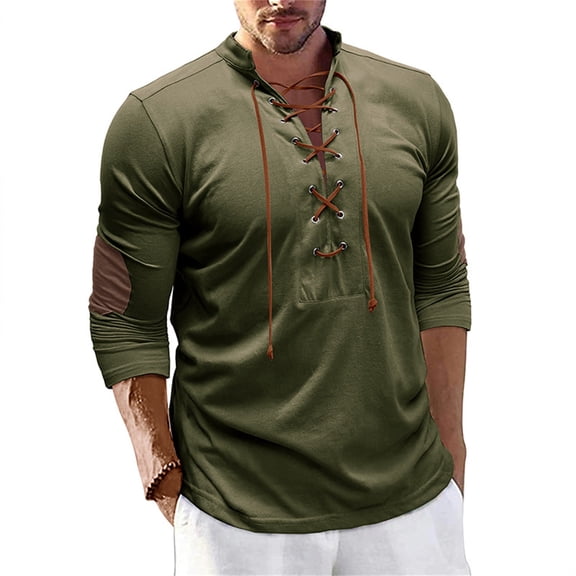 Njoeus Men's Lace Up Cotton Hippie Shirt Regular Fitted Long Sleeve T-Shirt Casual Pullover Top Sports Workout Tee Shirt