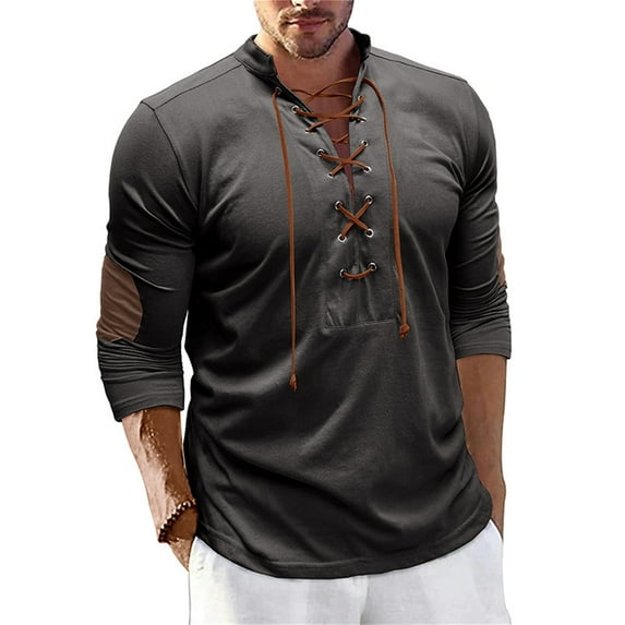 Njoeus Men's Lace Up Cotton Hippie Shirt Regular Fitted Long Sleeve T-Shirt Casual Pullover Top Sports Workout Tee Shirt