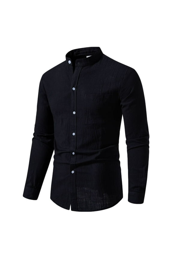 Men's Long Sleeve Cotton Linen Dress Shirt Casual Mandarin Collar Slim Fitted Hipsters Shirts with Pocket