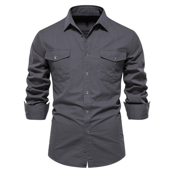 Njoeus Men's Long Sleeve Cotton Shirt Slim Fitted Work Shirts Men Casual Botton Up T-Shirt with Two-Pocket