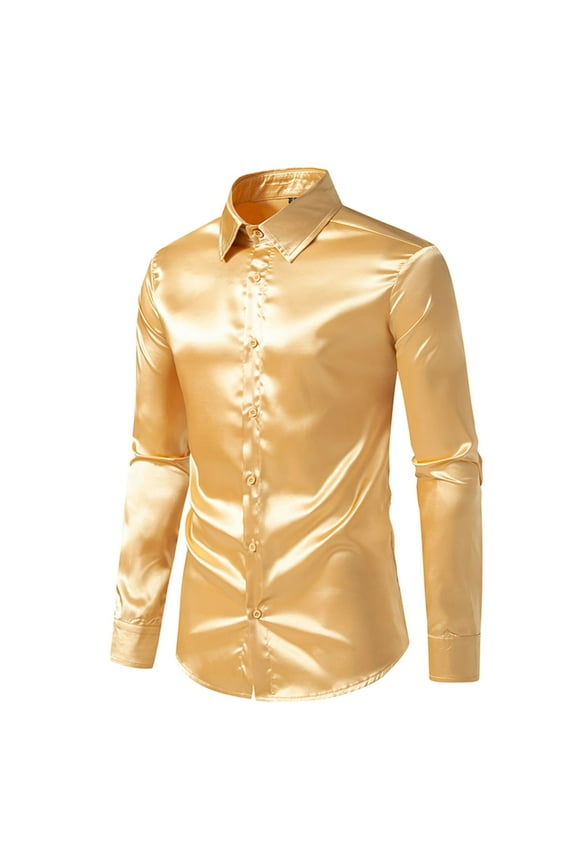 Men's Luxury Dress Shirt Slim Fitted Shiny Satin Button Up Party Prom Shirts for Men Long Sleeve Night Club T-Shirt