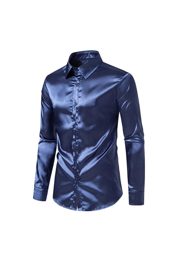 Men's Luxury Dress Shirt Slim Fitted Shiny Satin Button Up Party Prom Shirts for Men Long Sleeve Night Club T-Shirt