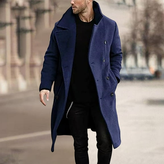 Njoeus Men's Mid Long Trench Coat Winter Long Jacket Woolen Blends Double Breasted Overcoat Classic Notch Lapel Warm Pea Coat
