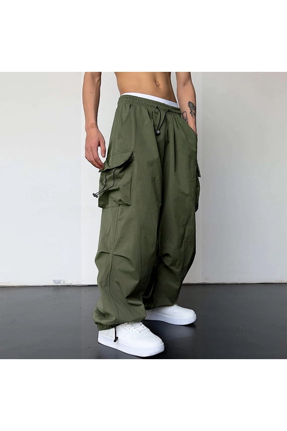 Aueoeo Men's Parachute Cargo Pants Drawstring Elastic Waist Flap Pockets Hip Hop Baggy Harems Pants Trousers S-3XL