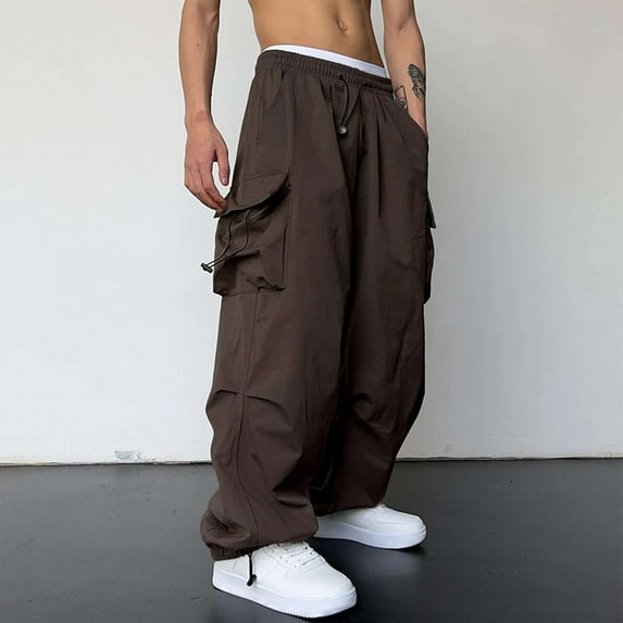 Njoeus Men's Parachute Cargo Pants Drawstring Elastic Waist Flap Pockets Hip Hop Baggy Harems Pants Trousers S-3XL