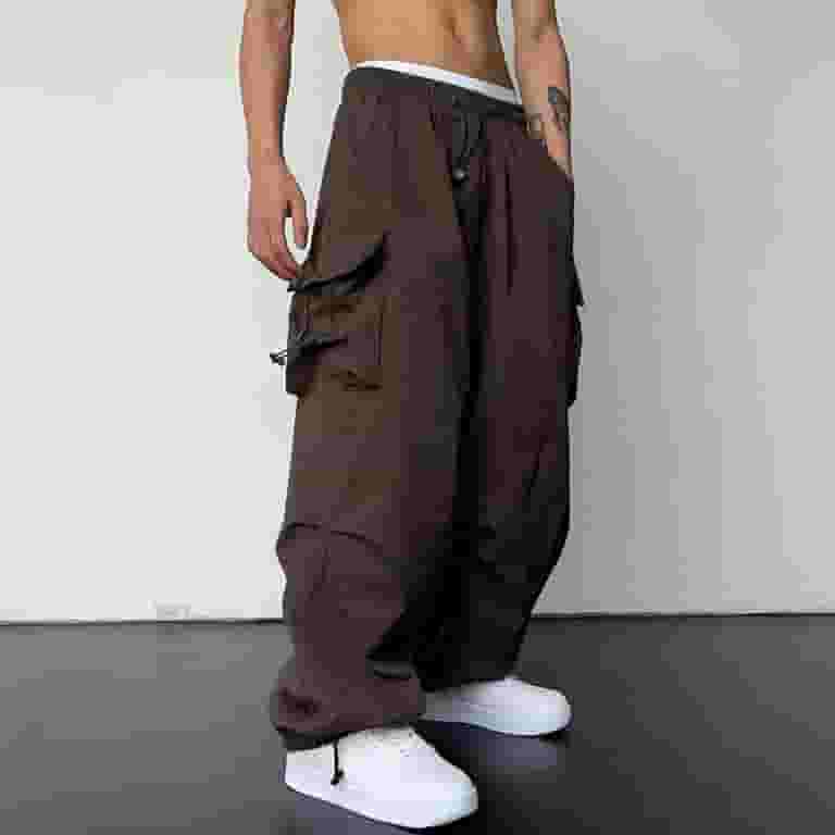 【KOOLOSET】AW Big Balloon Cargo Pants Njoeus Men's Parachute Cargo Pants Drawstring Elastic Waist