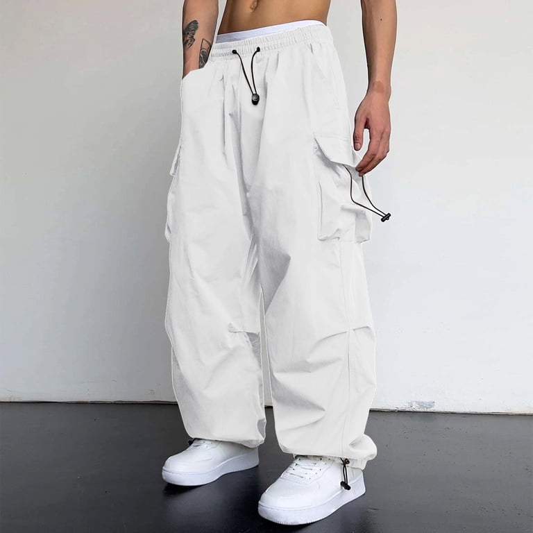 Aueoeo Men's Parachute Cargo Pants Drawstring Elastic Waist Flap