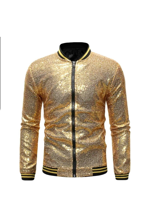 Men's Sequin Shiny Clubwear Bomber Jacket Casual Long Sleeve Lightweight Zip-Up Varsities Jackets