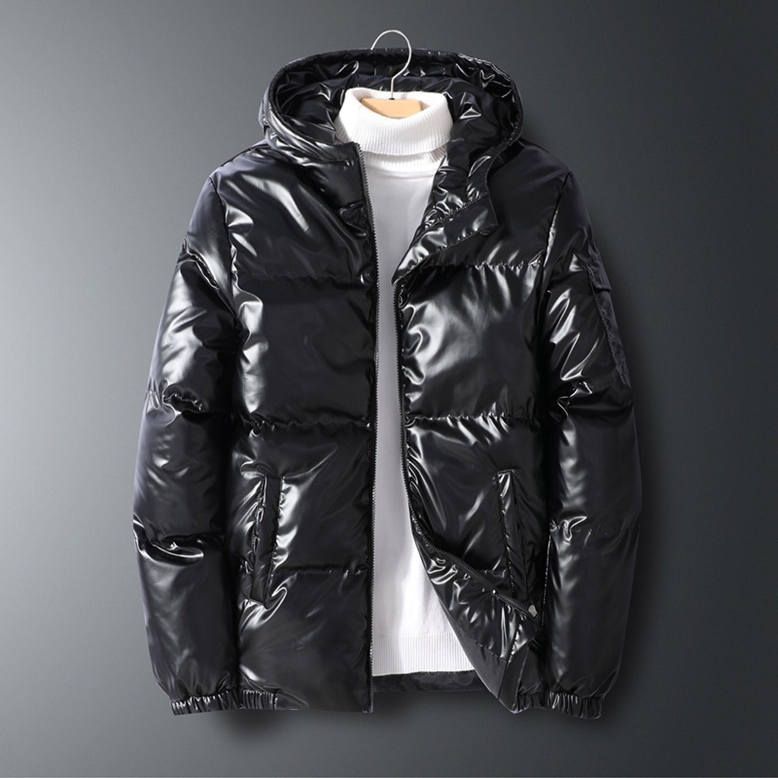 Njoeus Men's Shiny Hooded Winter Puffer Jacket Zip Up Njoeus Men's Shiny Hooded Winter Puffer Jacket Zip Up