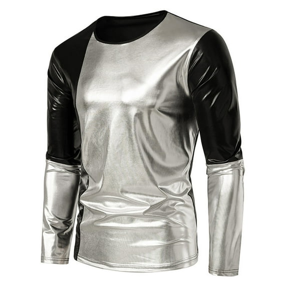 Njoeus Men's Shiny Metal Party Nightclub Shirt Long Sleeve Top Men Crewneck Blouse Discoos T-Shirt Tee