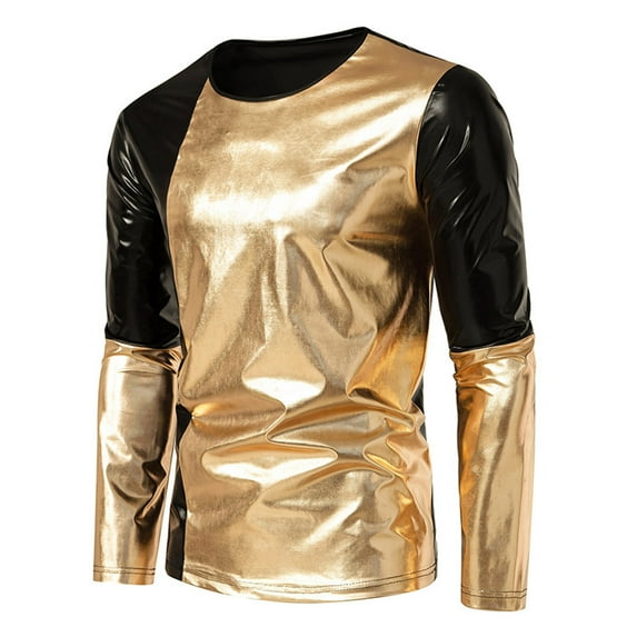 Njoeus Men's Shiny Metal Party Nightclub Shirt Long Sleeve Top Men Crewneck Blouse Discoos T-Shirt Tee