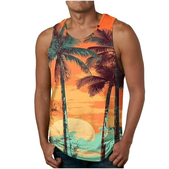 Njoeus Men's Sleeveless Casual Tank Tops Fashion Funny Graphic Tees Lightweight Comfortable Cotton Shirts Tropical Summer Beach Shirt for Men Everyday Loungewear S-XXL Orange Summer Savings