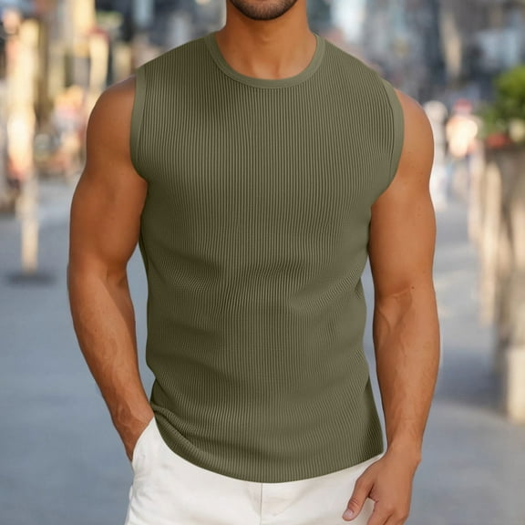 Aueoeo Men's Slim Fitted Workout Tank Tops Bodybuilding Gym Fitness Muscle Tee Athletic Knit Shirt Summer Casual Sleeveless T-Shirts Crewneck Men Undershirt M-2X 3X Army Green