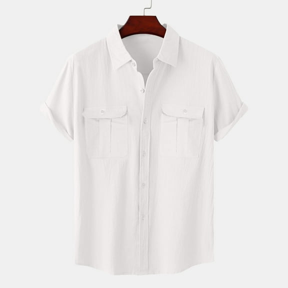 Njoeus Men's Stylish Linen Shirts Short Sleeve Button Up Cotton T-Shirts Comfy Breathable Summer Beach Casual Shirts Solid Color M-3X Clearance White