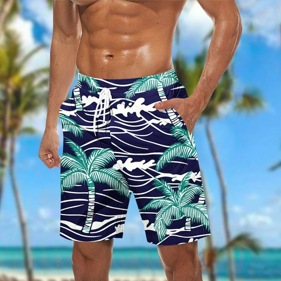 Njoeus Men's Swim Trunks Palm Tree Print Hawaiian Board Shorts Summer Beach Bathing Suit Mens Big & Tall Swimsuits Swim Shorts with Pockets 3X 4X 5X Clearance Dark Blue