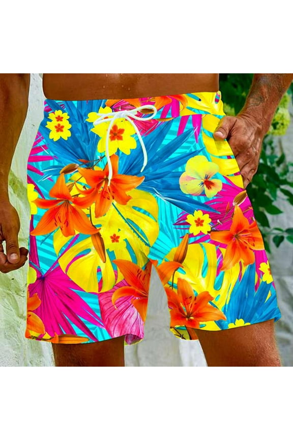 Men's Swim Trunks Swimsuit Mens Floral Print Swim Board Short Bathing Suit Trendy Men Hawaiian Beach Shorts with Pockets Elastic Waist S-5XL (Available in Big & Tall Size)