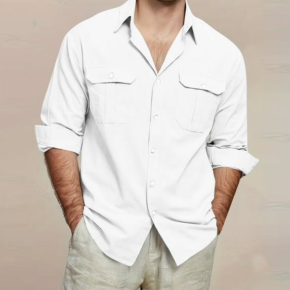 Njoeus Men's Vintage Cotton Linen Shirts Casual Loose Button Down Beach Shirts Plain Summer Holiday Long Sleeve Shirt Lightweight Tops with Pockets Big & Tall Sizes 3X 4X 5X Summer Savings White