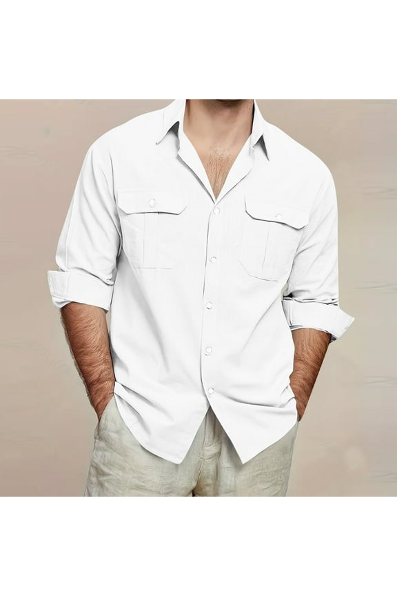 Men's Vintage Cotton Linen Shirts Casual Loose Button Down Beach Shirts Plain Summer Holiday Long Sleeve Shirt Lightweight Tops with Pockets Big & Tall Sizes 3X 4X 5X Clearance White