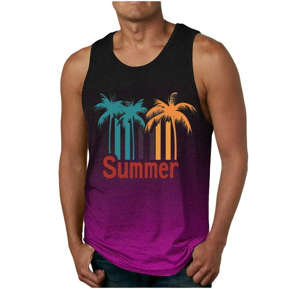 Aueoeo Mens Athletic Workout Tank Tops Beach Hawaiian Funny Summer Graphic Tees Casual Holiday Sleeveless Shirts Vintage Palm Tree T-Shirt Crew Neck Gym Tops S-2X Hot Pink Summer Savings