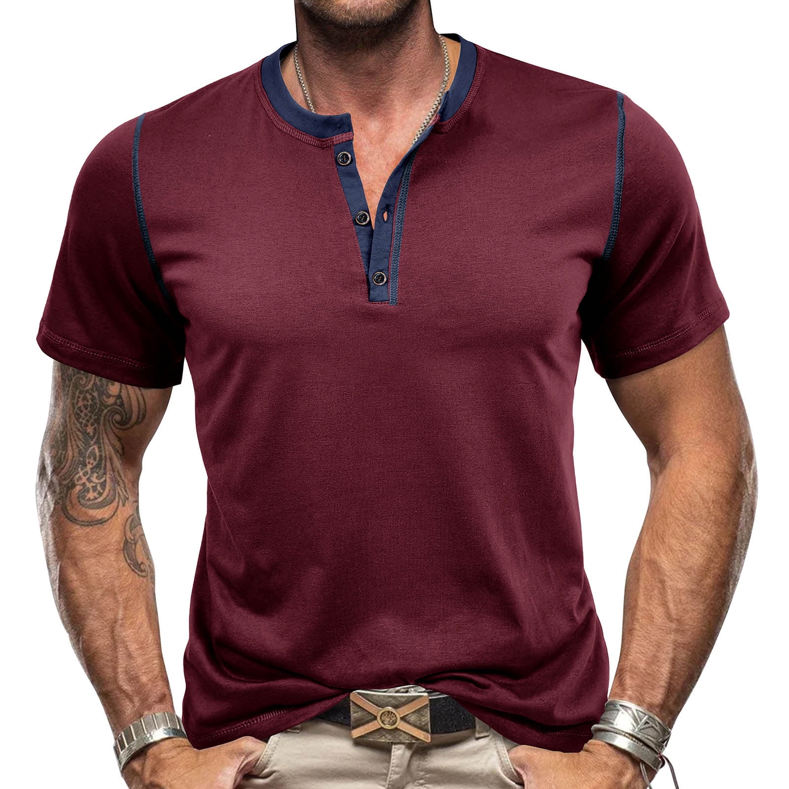 Njoeus Mens Casual Slim Fitted Henleys Shirts Summer Short Sleeve Basic TShirt Mens Fashion