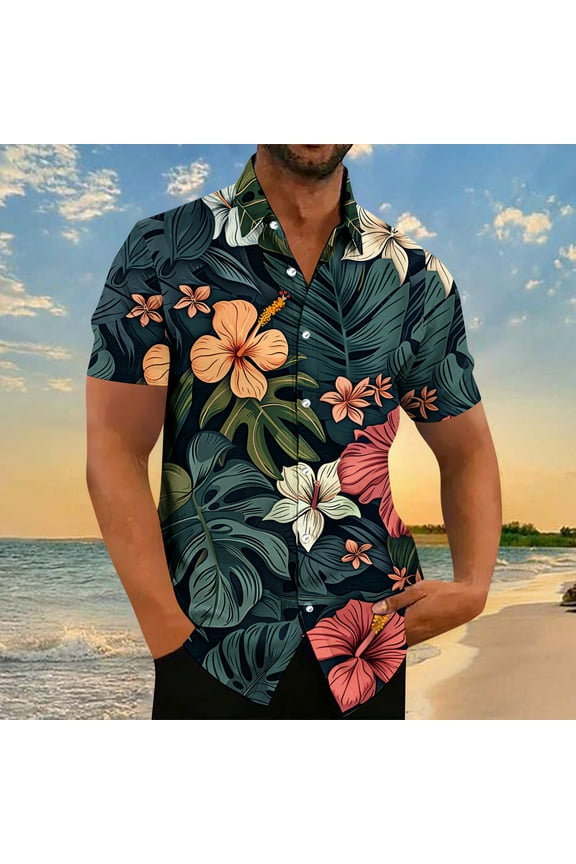 Mens Dress Shirts, Tshirts Shirts for Men Men's Hawaii T-Shirt Palm Tree Tropical Print Button Up T-Shirts Casual Short Sleeve Summer Blouse Beach Vacation Shirt Custom T Shirts On Clearance