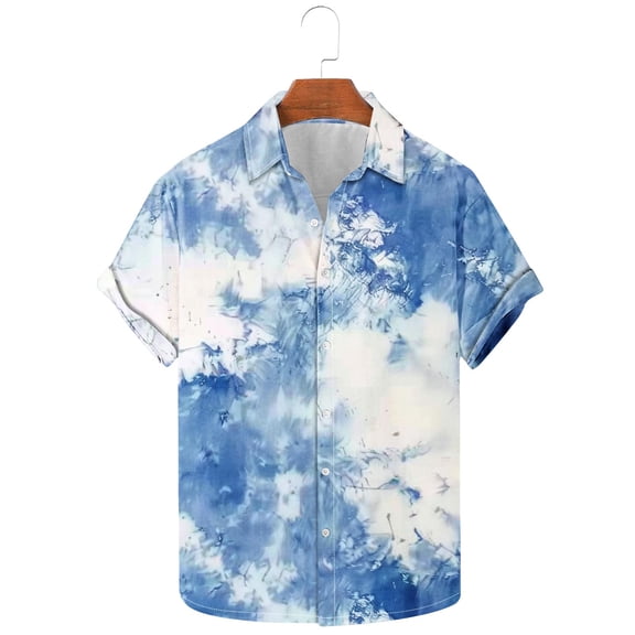 Aueoeo Mens Fashion Tie-Dyed Hawaiian Shirts Loose Buttons Down Short Sleeve Summer Beach T-Shirts for Men Casual Holiday S-3XL Light Blue