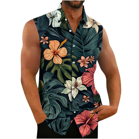 Aueoeo Mens Graphic T-Shirts Mens Tank Tops Summer Mens Sleeveless Buttons Down Shirts Floral Summer Beach T-Shirt Party Tank Tops Mens Big & Tall Sizes S-5Xl Men Tee Shirts Pack On