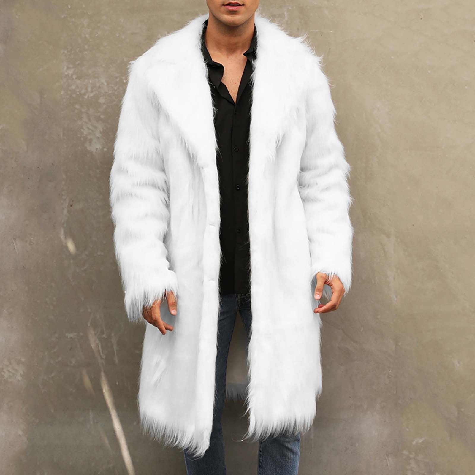Miluxas Men's Faux Fur Coat Clearance Open Front Thicken Warm Winter Overcoat Luxury Fluffy Soft Lapel Long Jackets Khaki 14(XXXL) At