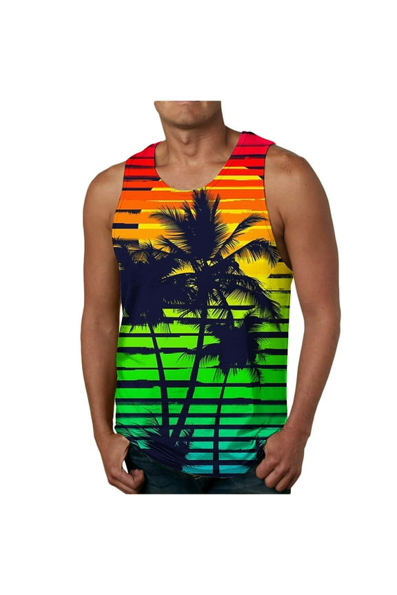 Mens Shirts, Mens Tank Tops Palm Tree Graphic Tees Shirt Sleeveless Tropical Print Summer Beach Shirts for Men Sports Gym Workout T-Shirt S-4XL （Available in Big & Tall)