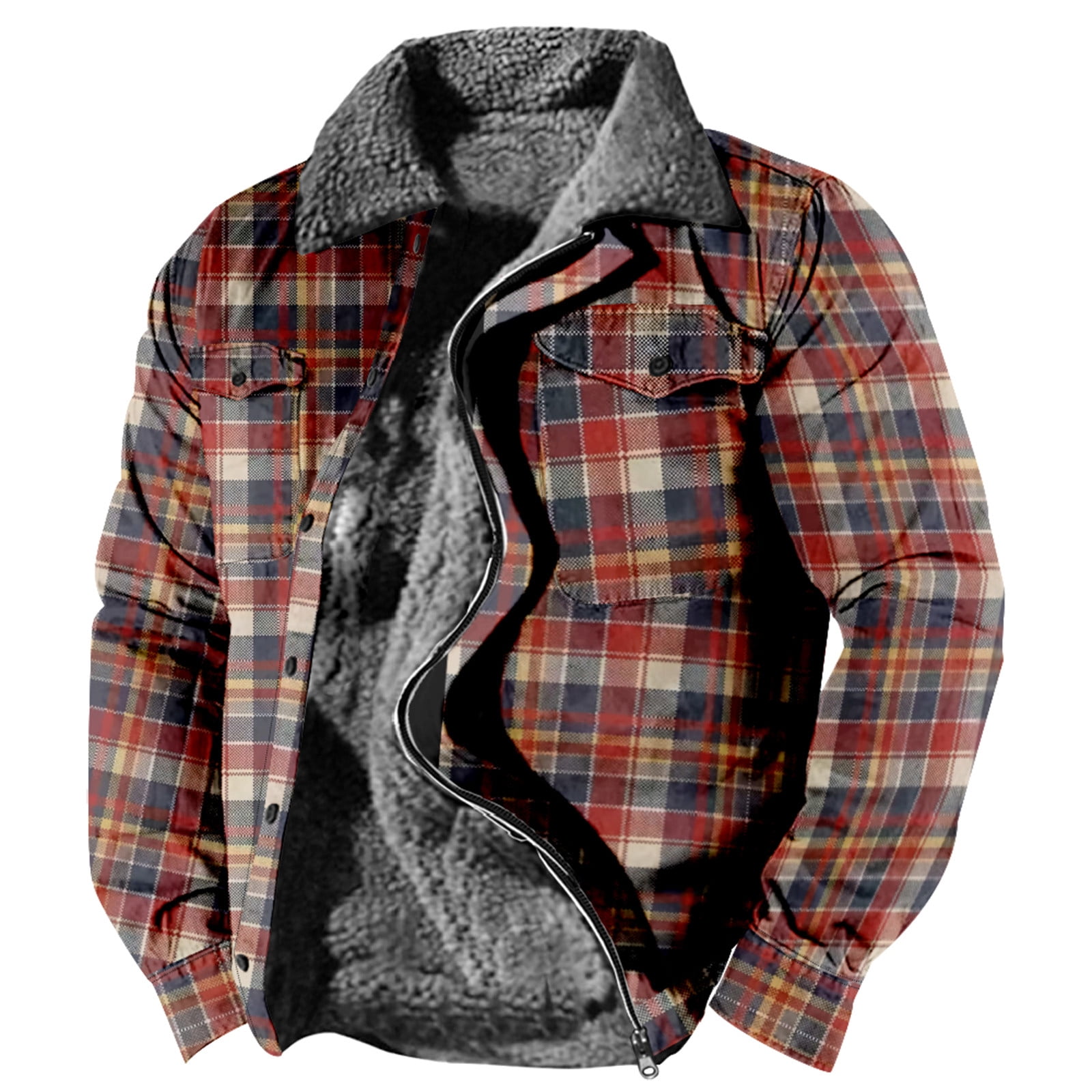 Njoeus Mens Warm Sherpas Lined Plaid Flannel Shirt Jacket Fleeces