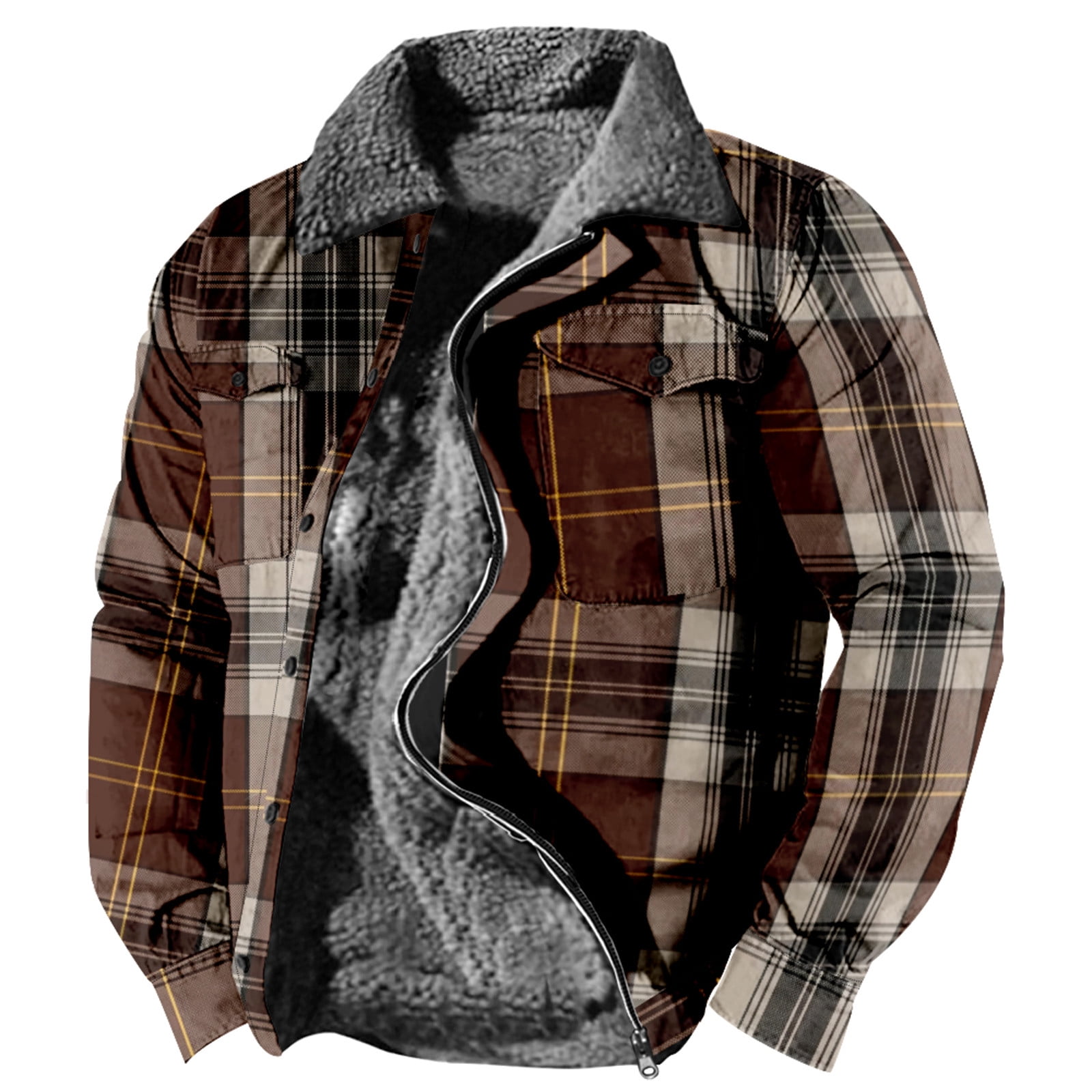 Njoeus Mens Warm Sherpas Lined Plaid Flannel Shirt Jacket Fleeces