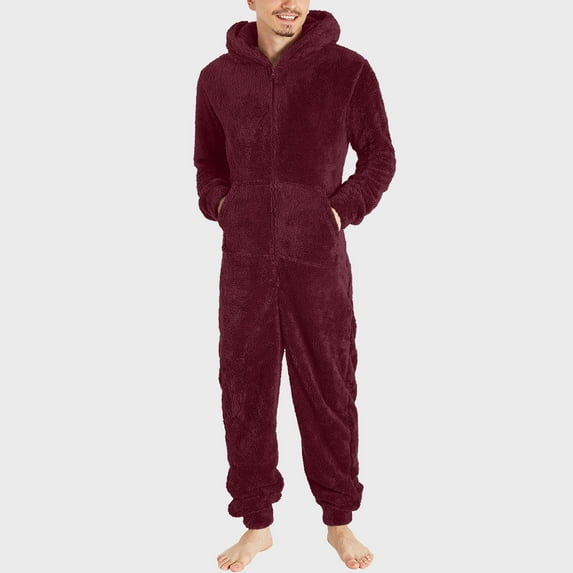 Njoeus Mens Winter Warm Fleece Pajama Jumpsuit Hooded Unisex 1-Piece Zip Up Sherpas Playsuit Adult Onesie Hoodies Romper Sleepwear with Pocket S-5XL Men Big & Tall Sizes