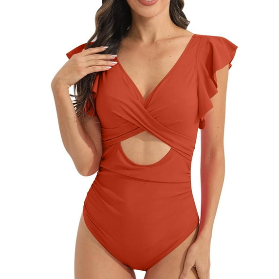 Njoeus One 1- Piece Swimsuit Womens Ruffled Tummy Swimwear Control Cutout V-Neck Slimming Bathing Suit for Women S-XXL (with Padded)