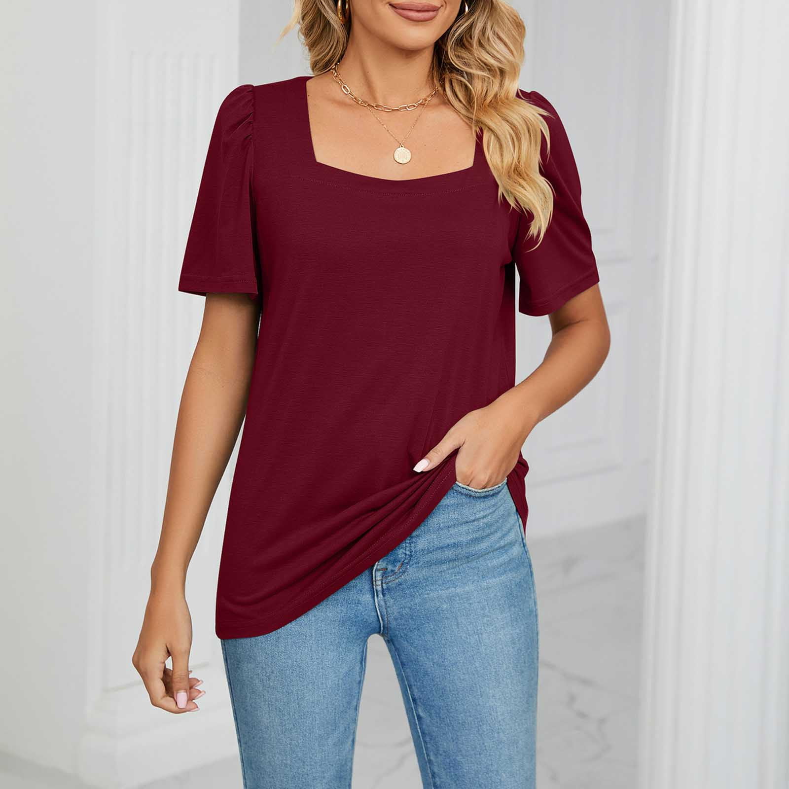 Njoeus Oversized T-shirts for Women Loose Fit Square Neck Short Sleeve  T-Shirt Tops Casual Solid Workout Shirts Summer