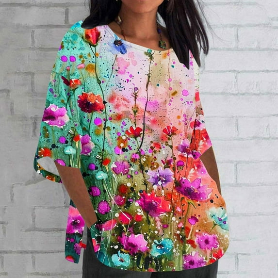 Njoeus Oversized Tshirts for Women Cute Summer Tops for Women Linen Shirts for Women, Women's Ladies Fashion Casual Cropped 3/4 Sleeve Printing Cotton Loose Shirt Blouse Top T Shirts for Women Graphic