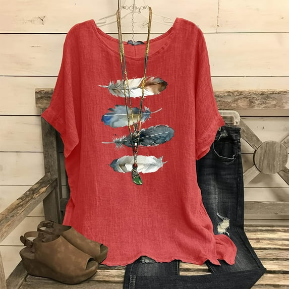 Njoeus Oversized Tshirts for Women Hawaiian Shirts for Women Linen Shirts for Women, Women's Fashion Print Tees Casual Crew Neck Raglan Short Sleeve Loose T Shirt Cotton Linen Tops Blouses Sexy Tops F