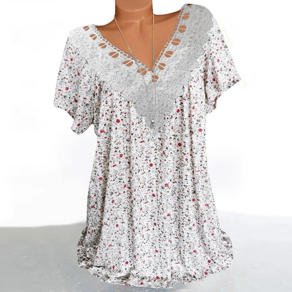 Njoeus Oversized Tshirts for Women Womens T Shirts Women's Summer Floral Print Boho Tops Short Sleeve V-Neck Lace Tops for Women Dressy Casual Flowy Loose Tunics Blouses Trendy S-5Xl （Available in Plu