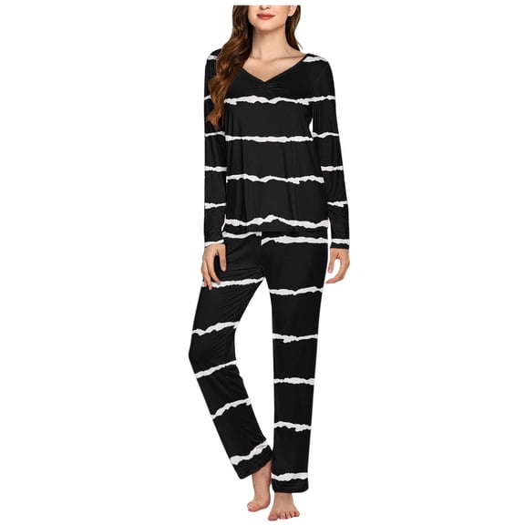 Njoeus Pajama Sets for Women 2 Piece Long Sleeve Plus Size Sleepwear for Women Women's Pajama Sets Casual Striped/Gradient/Solid Casual Long Sleeve Top and Long Pants 2 Piece Pjs Set Plus Size Lounge