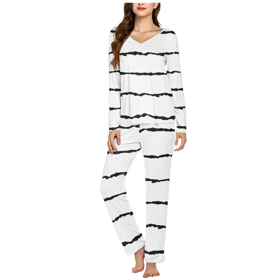 Njoeus Pajama Sets for Women 2 Piece Long Sleeve Womens Travel Outfit Women's Pajama Sets Casual Striped/Gradient/Solid Casual Long Sleeve Top and Long Pants 2 Piece Pjs Set Women's Pajamas Savings Wh