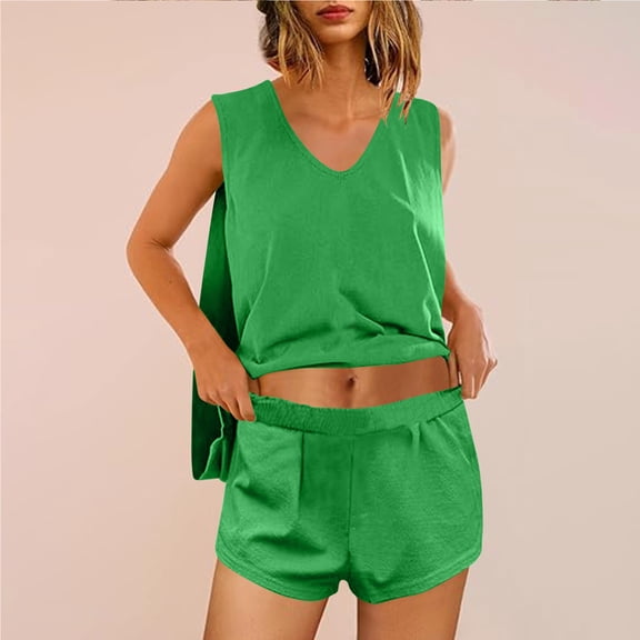 Njoeus Pajama Sets for Women 2 Piece Tank Top Ladies Sleepwear Womens 2 Piece Set Casual Vocation Outfits Tank Sleeveless Tops Elastic Shorts Summer Pajamas Sets Travel Outfits for Women 2 Piece Sets
