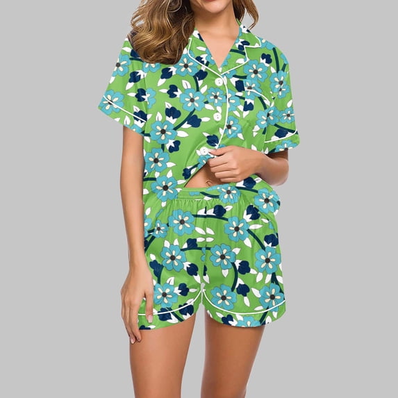 Njoeus Pajamas Set for Women Short Sleeve Sleepwear Notch Collar Button Down Soft Pjs Lounge Set