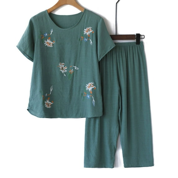 Njoeus Pajamas for Women Set, Girls Pajamas Pajamas for Women Set Short Sleeve Two Piece Sets Top with Capris Pants Sleepwear Sets Cute Print Loungewear - Imitation Cotton Linen Tunic Matching Set On