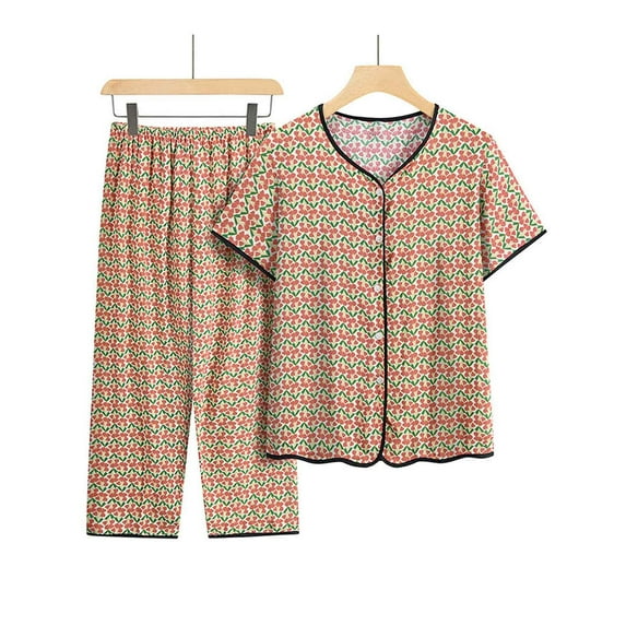 Njoeus Pajamas for Women Set, Sexy Two Piece Outfits for Women Pajama Set for Women's Summer Cute Flower Print Top and Capris Pants Soft Comfy Lounge Pjs Set Plus Size Sleepwear Xl-4Xl Sets for Women