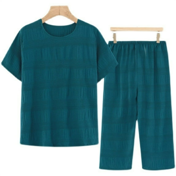 Njoeus Pajamas for Women Set, Sexy Two Piece Outfits for Women Women Short Sleeve Sleep Shirt Two Piece Pajama Set Tops with Capris Pants Sofy Comfy Pjs Set Sleepwear - Imitation Cotton Linen 2 Piece